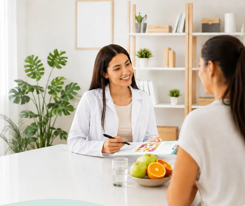 Nutrióloga revisando un plan de alimentación con una paciente en consulta