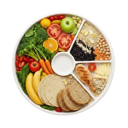 Plato con frutas, verduras, cereales, leguminosas y proteína
